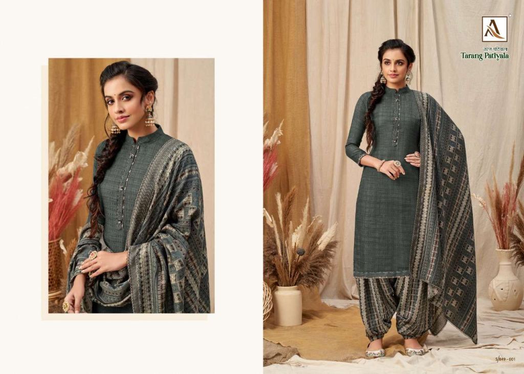 Alok Tarang Patiyala Pure Wool Pashmina Self Print Dress Material Catalog
