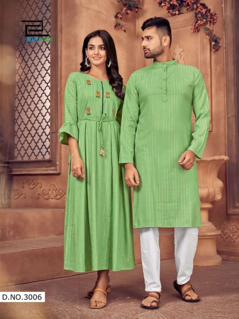 Blue Hills Love Birds Vol 3 Rayon Lurex Husband And Wife Combo Kurta And Kurti Wholesale