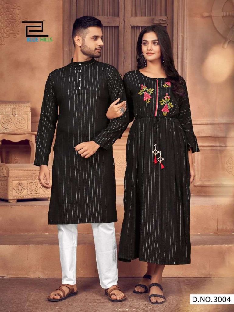 Blue Hills Love Birds Vol 3 Rayon Lurex Husband And Wife Combo Kurta And Kurti Wholesale