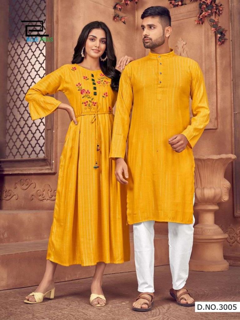Blue Hills Love Birds Vol 3 Rayon Lurex Husband And Wife Combo Kurta And Kurti Wholesale
