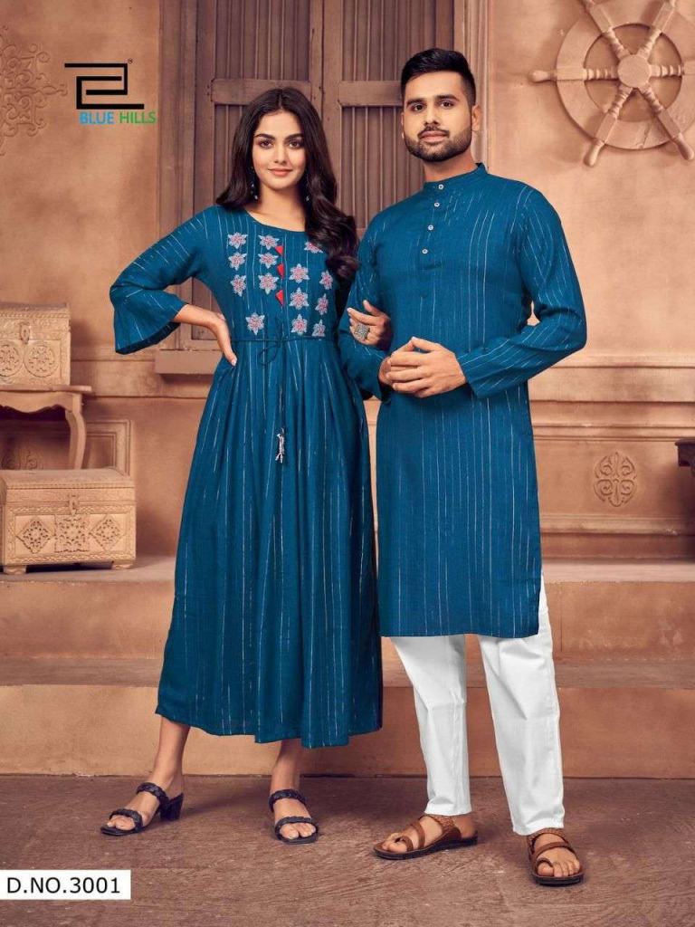 Blue Hills Love Birds Vol 3 Rayon Lurex Husband And Wife Combo Kurta And Kurti Wholesale