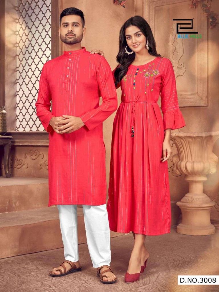 Blue Hills Love Birds Vol 3 Rayon Lurex Husband And Wife Combo Kurta And Kurti Wholesale