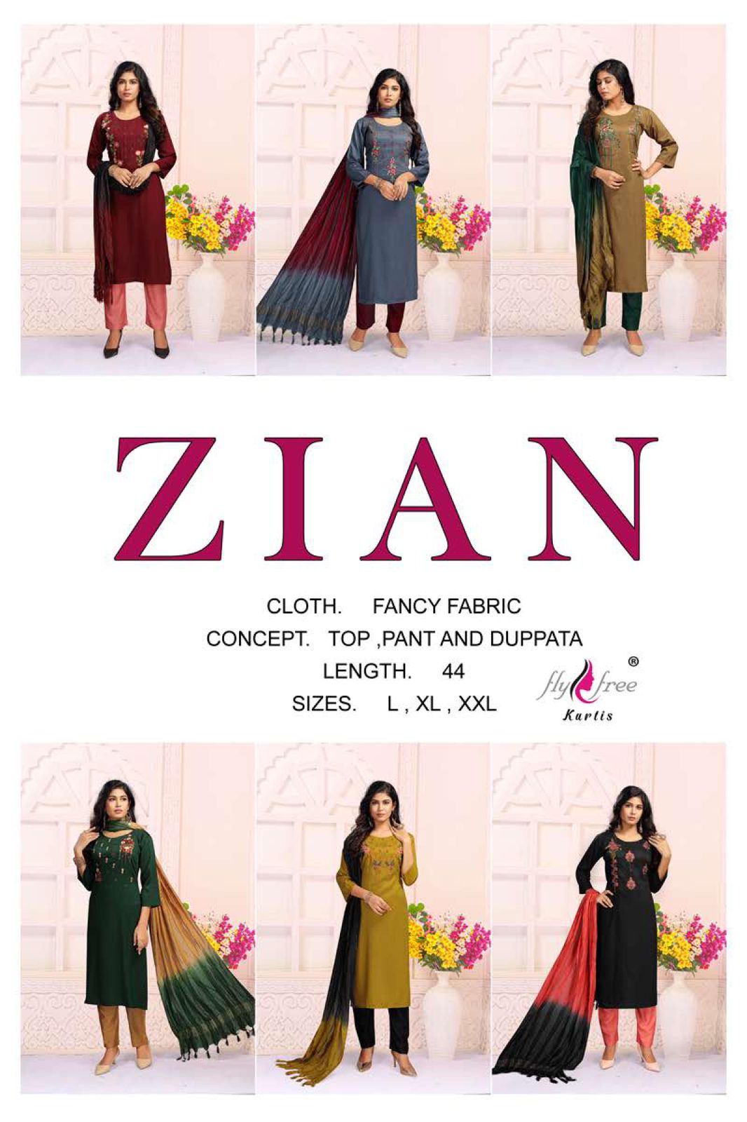 Fly Free Zian Ethnic Wear Ready Made Top With Bottom And Dupatta Catalog