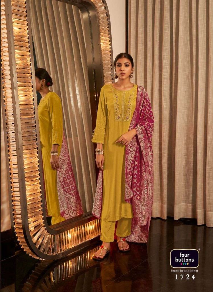 Four Buttons Bandhani Vol 3 Pure Viscose Silk Kurtis With Bottom And Dupatta Catalog