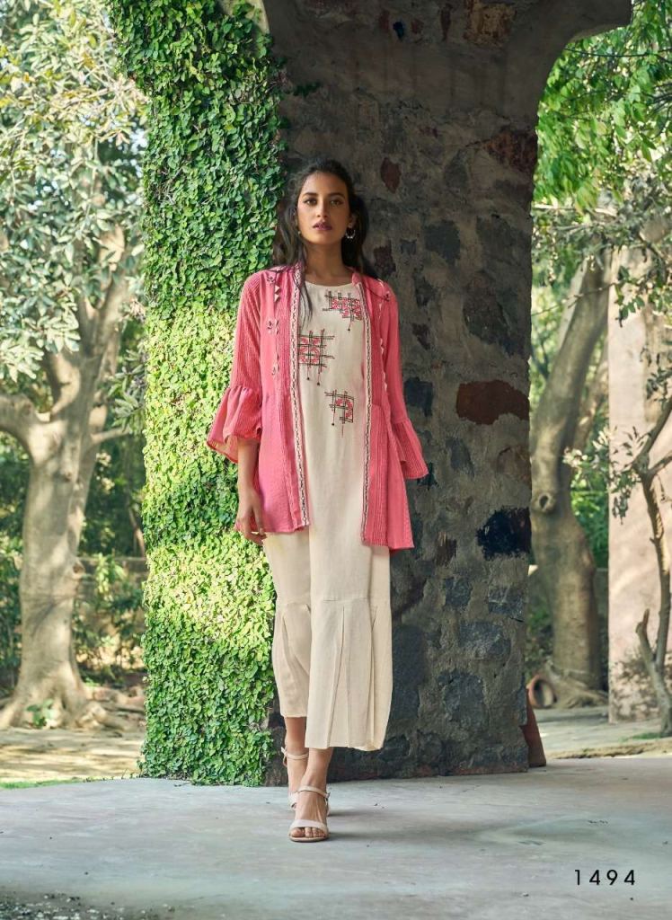 Four Buttons Bloom Cotton With Embroidery Work Kurti With Jacket Catalog