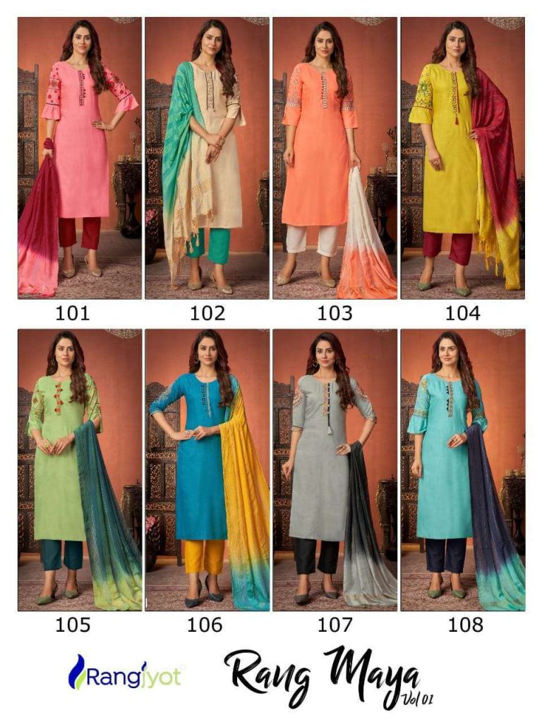 Rangjyot Rang Maya Vol 1 Rayon With Embroidery Work Kurtis With Pant Dupatta Shop