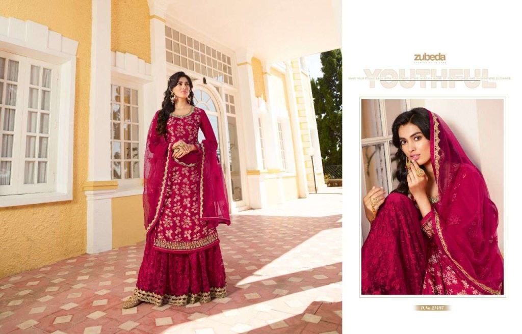 Zubeda Nazm Hitlist Pure Dola Jacquard With Gota Jari Work Salwar Suits Catalog
