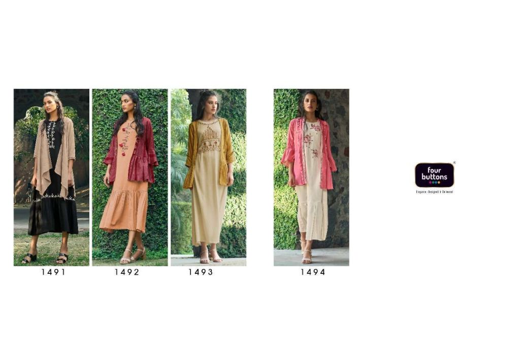 Four Buttons Bloom Cotton With Embroidery Work Kurti With Jacket Catalog