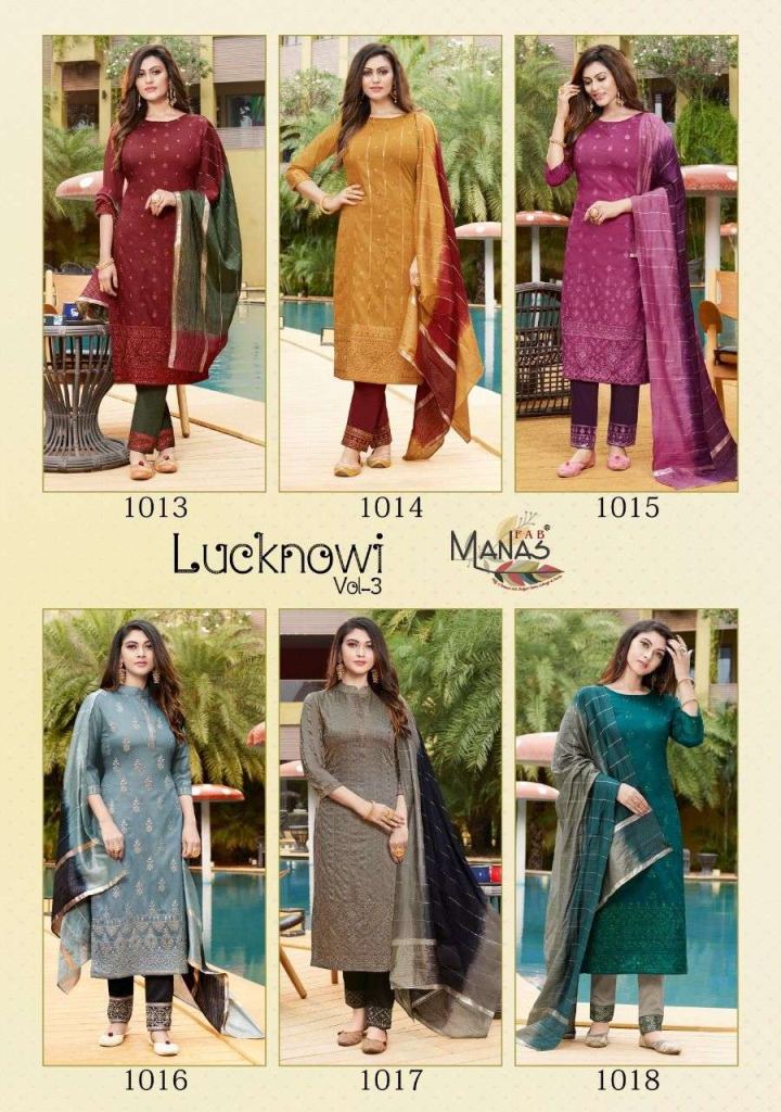 Manas Lucknowi Vol 3 Fancy Fabric Kurtis With Bottom And Dupatta Shop