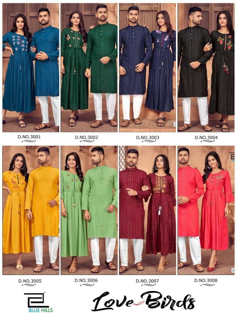 Blue Hills Love Birds Vol 3 Rayon Lurex Husband And Wife Combo Kurta And Kurti Wholesale