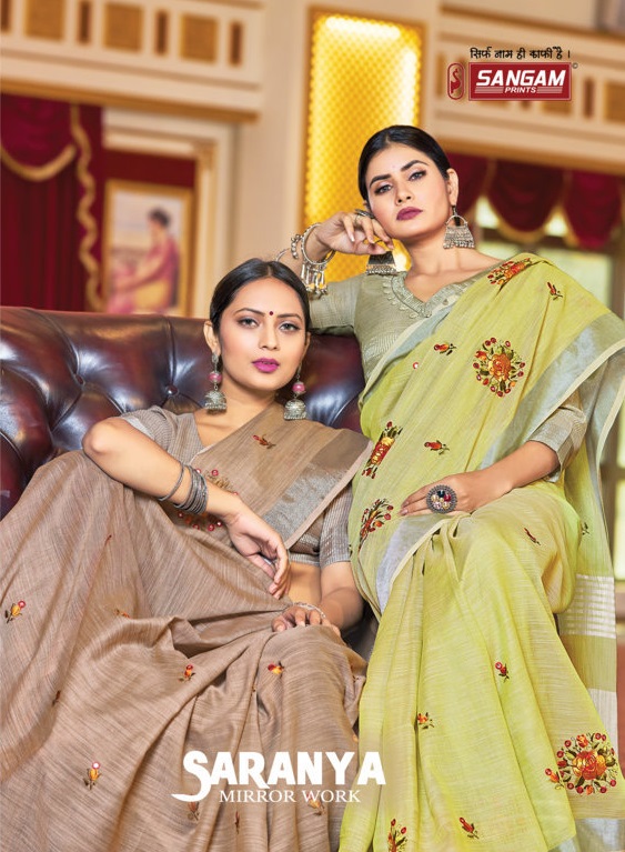 Sangam Presents Saranya Linen Embroidery Mirror Work Sarees