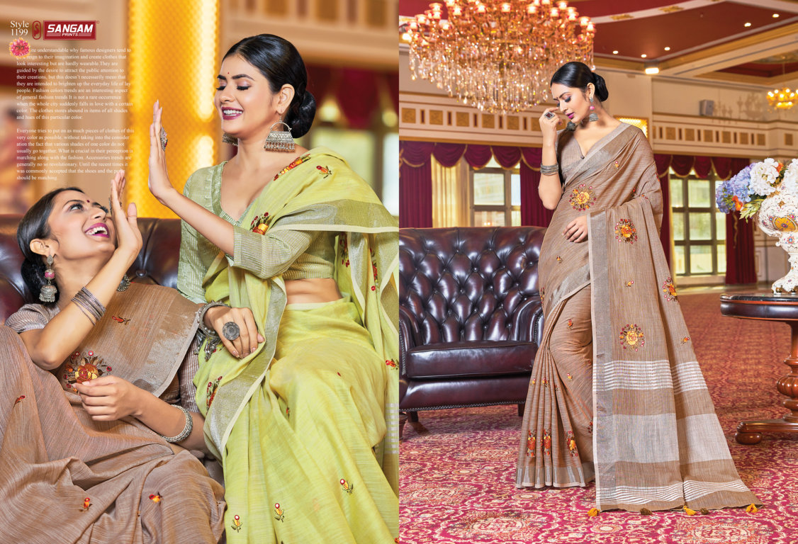 Sangam Presents Saranya Linen Embroidery Mirror Work Sarees