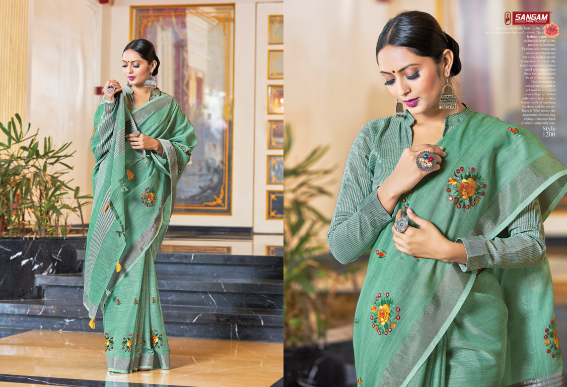 Sangam Presents Saranya Linen Embroidery Mirror Work Sarees