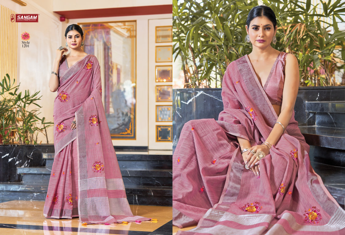Sangam Presents Saranya Linen Embroidery Mirror Work Sarees