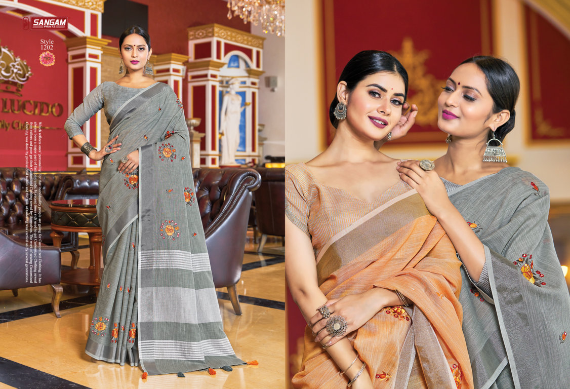 Sangam Presents Saranya Linen Embroidery Mirror Work Sarees