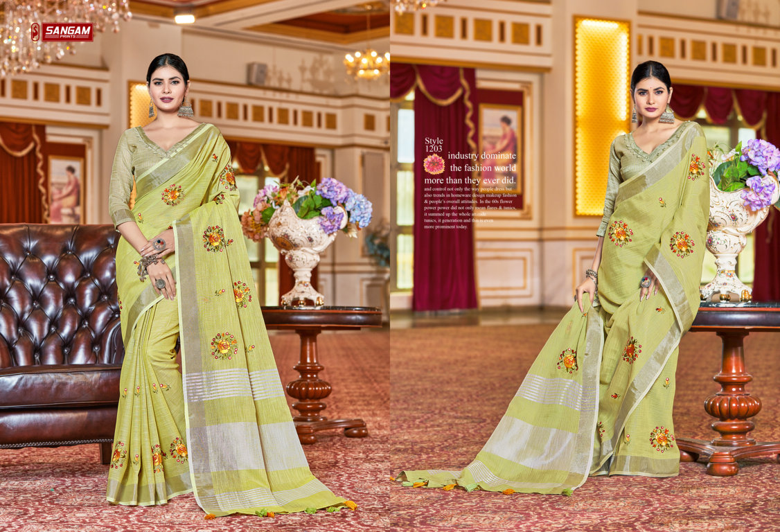 Sangam Presents Saranya Linen Embroidery Mirror Work Sarees