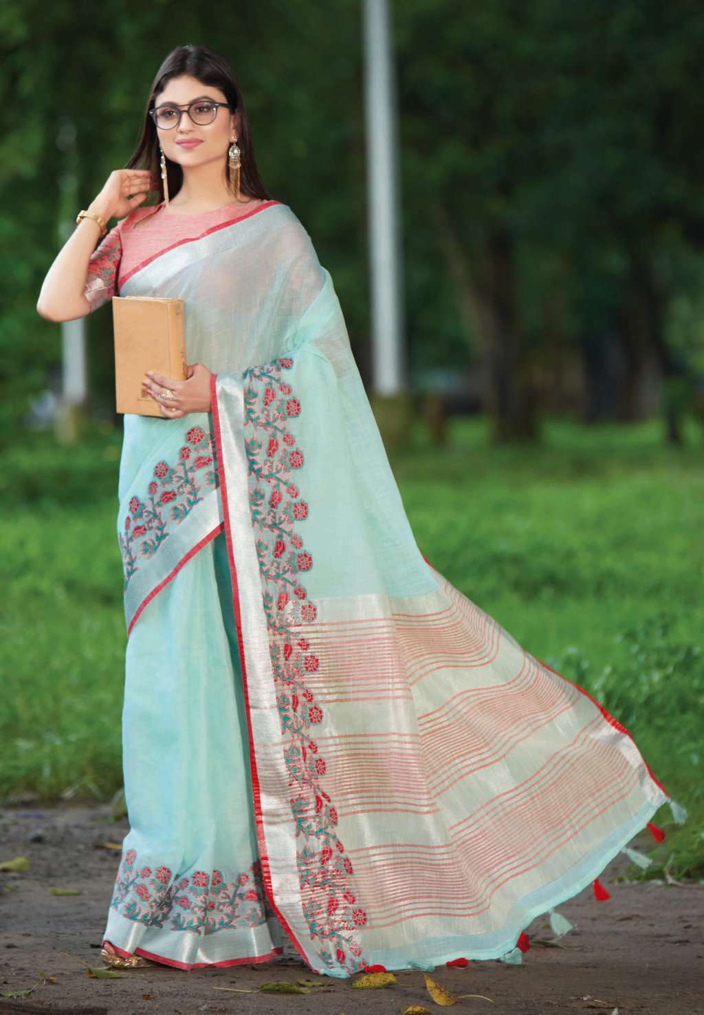 Sangam Aadya Linen Embroidery Linen Party Wear Low Rate Saree Catalog