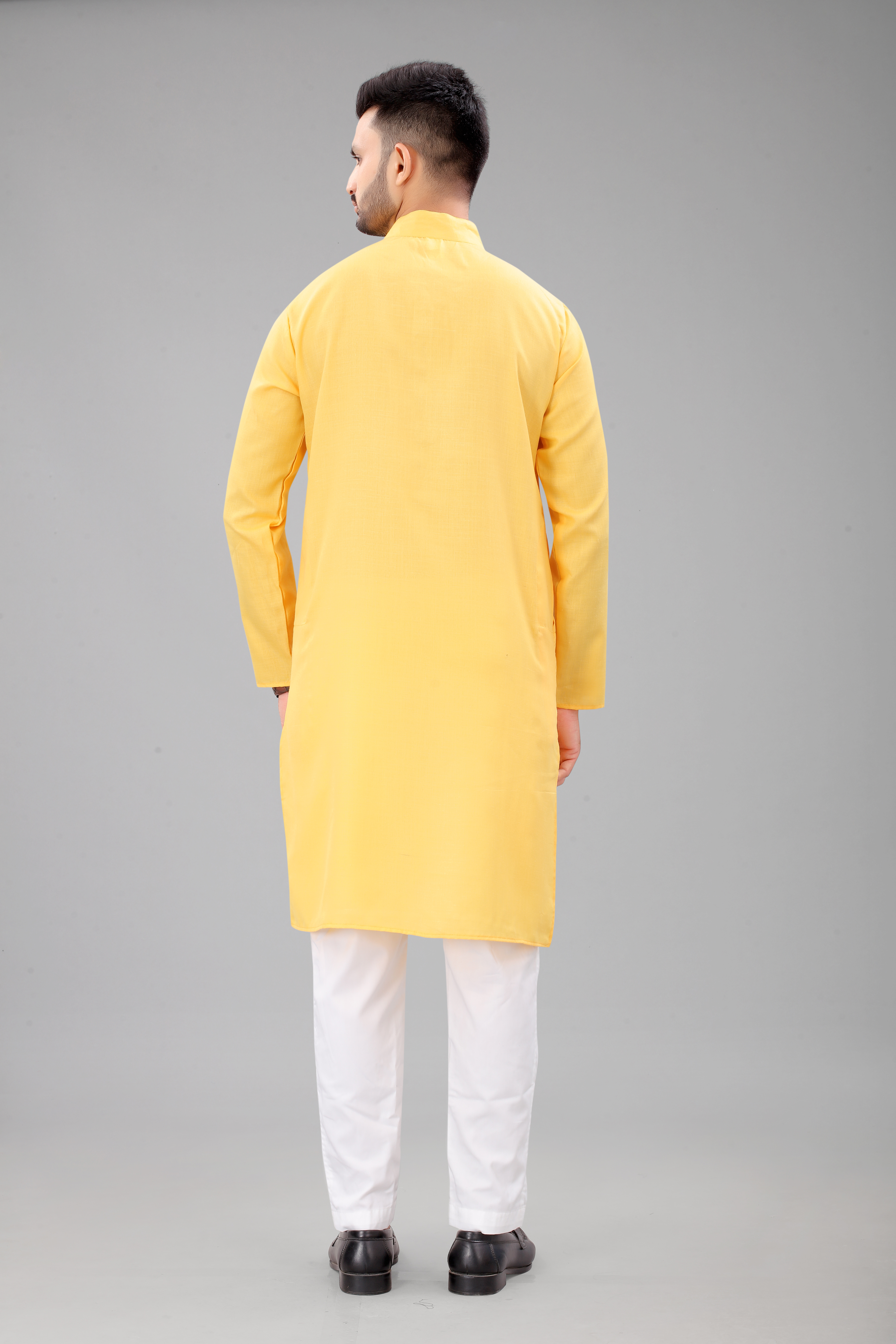 Yellow Plain Casual Wear Men's Kurta With Pajama Set