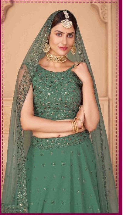 Buy Tempting Pista Green Georgette Base Embroidered Lehenga Choli