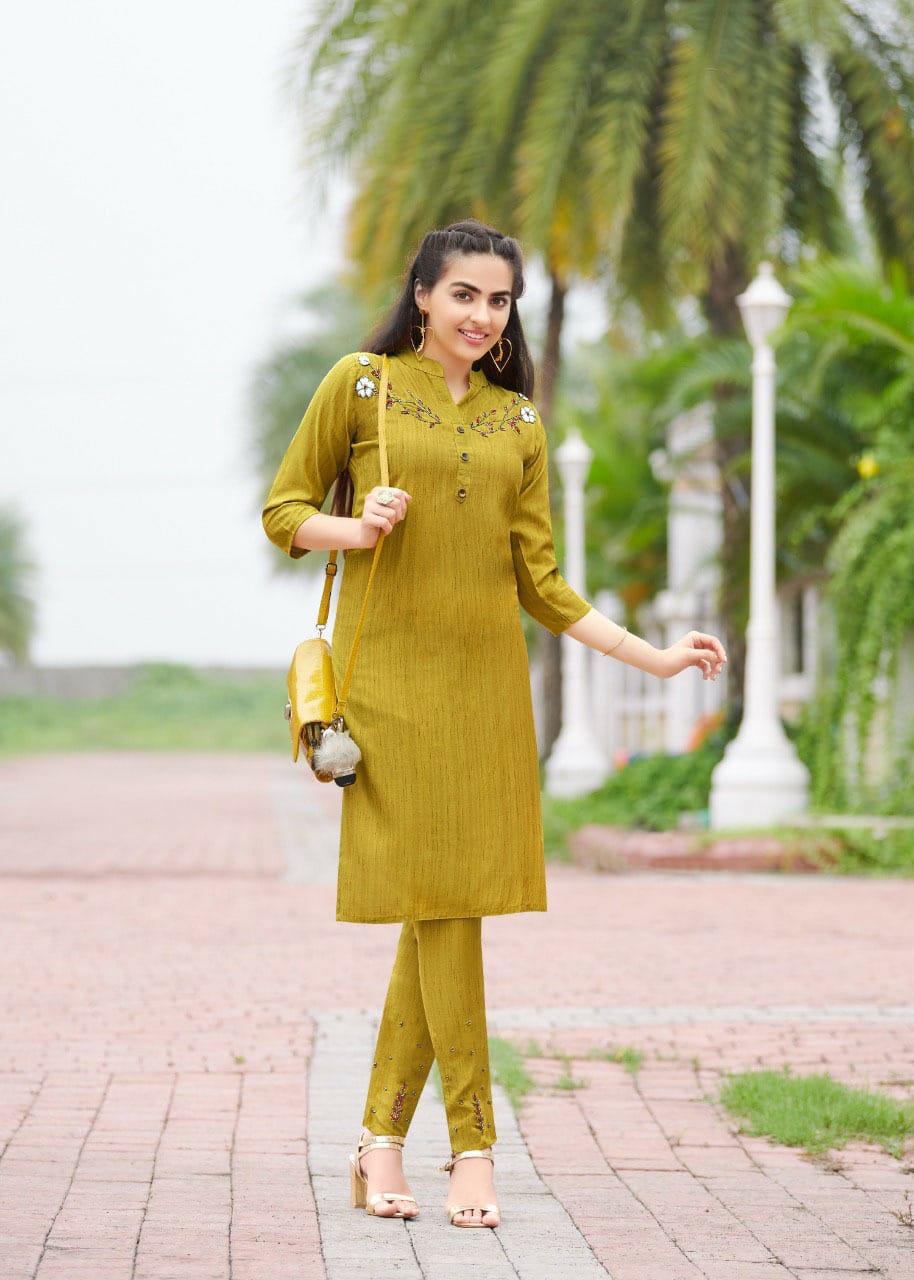 Notch Neck Mustard Embroidered Work Cotton Kurti | Nandini-04 | Cilory.com