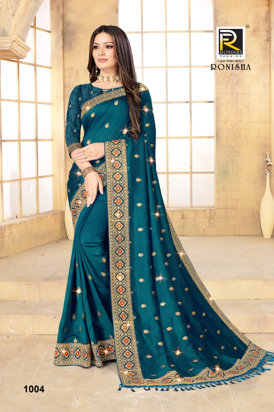 Ranjna Nitya Embroidery Worked Border Butti Festive Wear Vichitra Silk Saree Collction