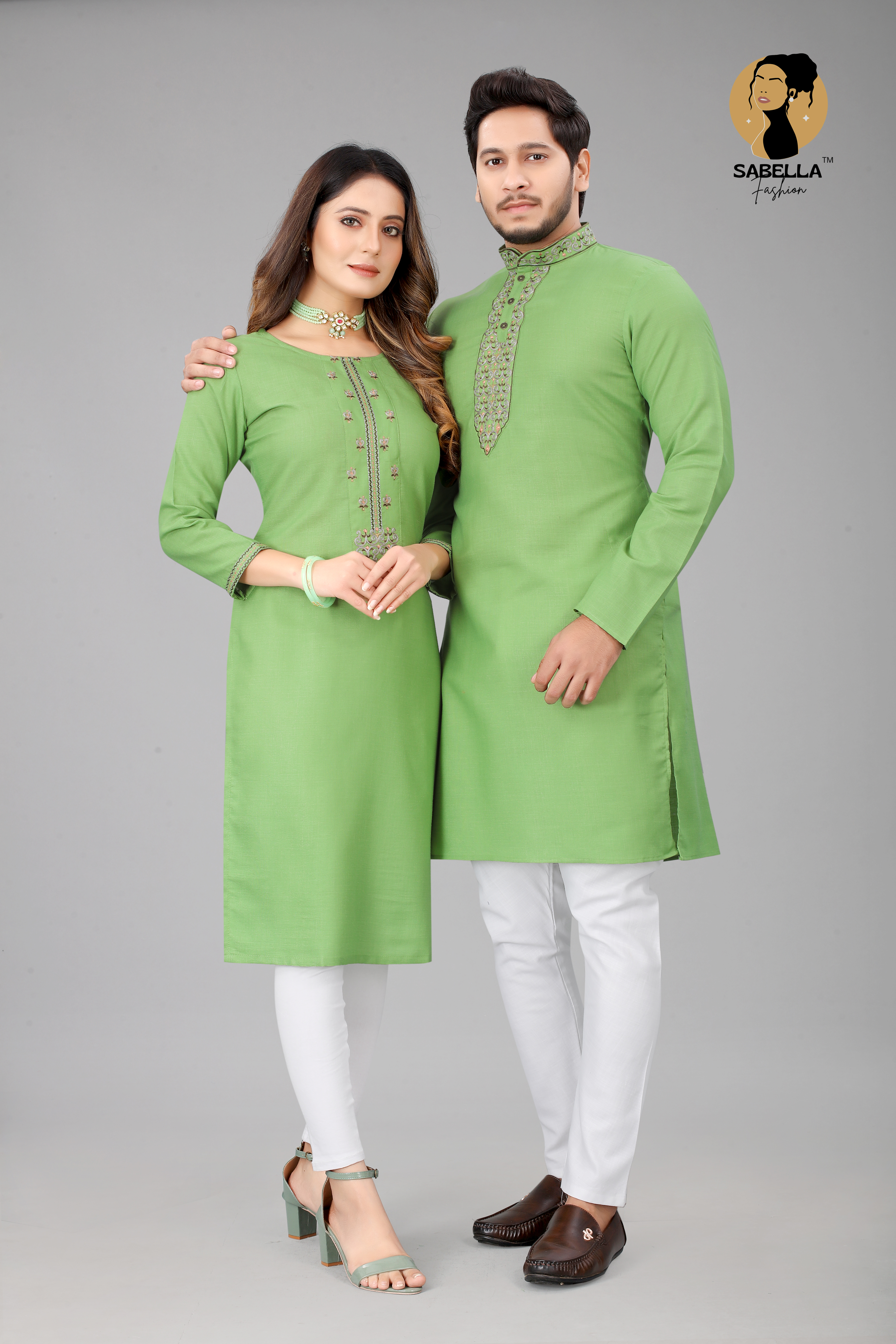 Parrot Green Kurta With Kurti Couple Matching Set