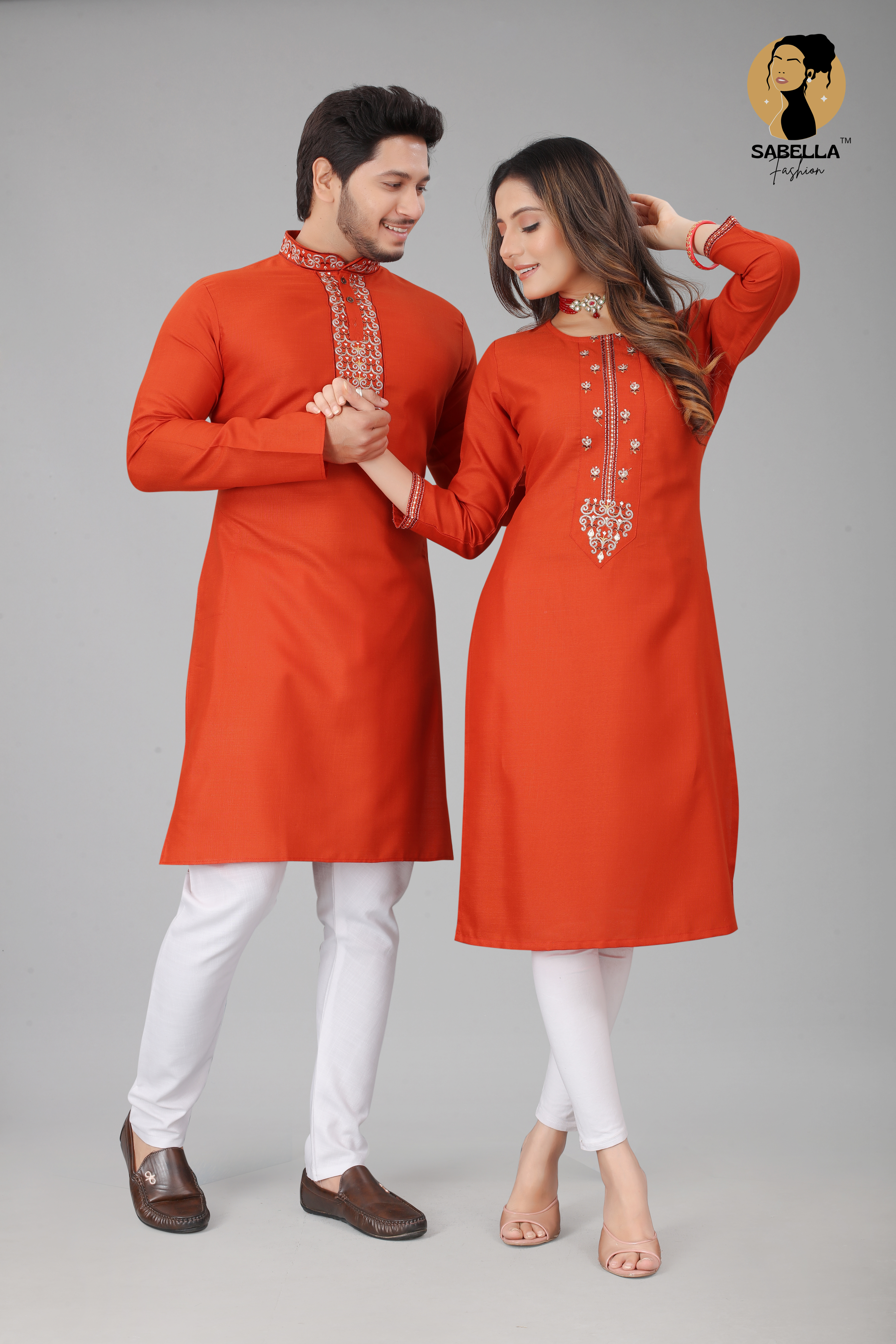Orange Colour Embroidery Royal Couple Kurta With Kurti Collection