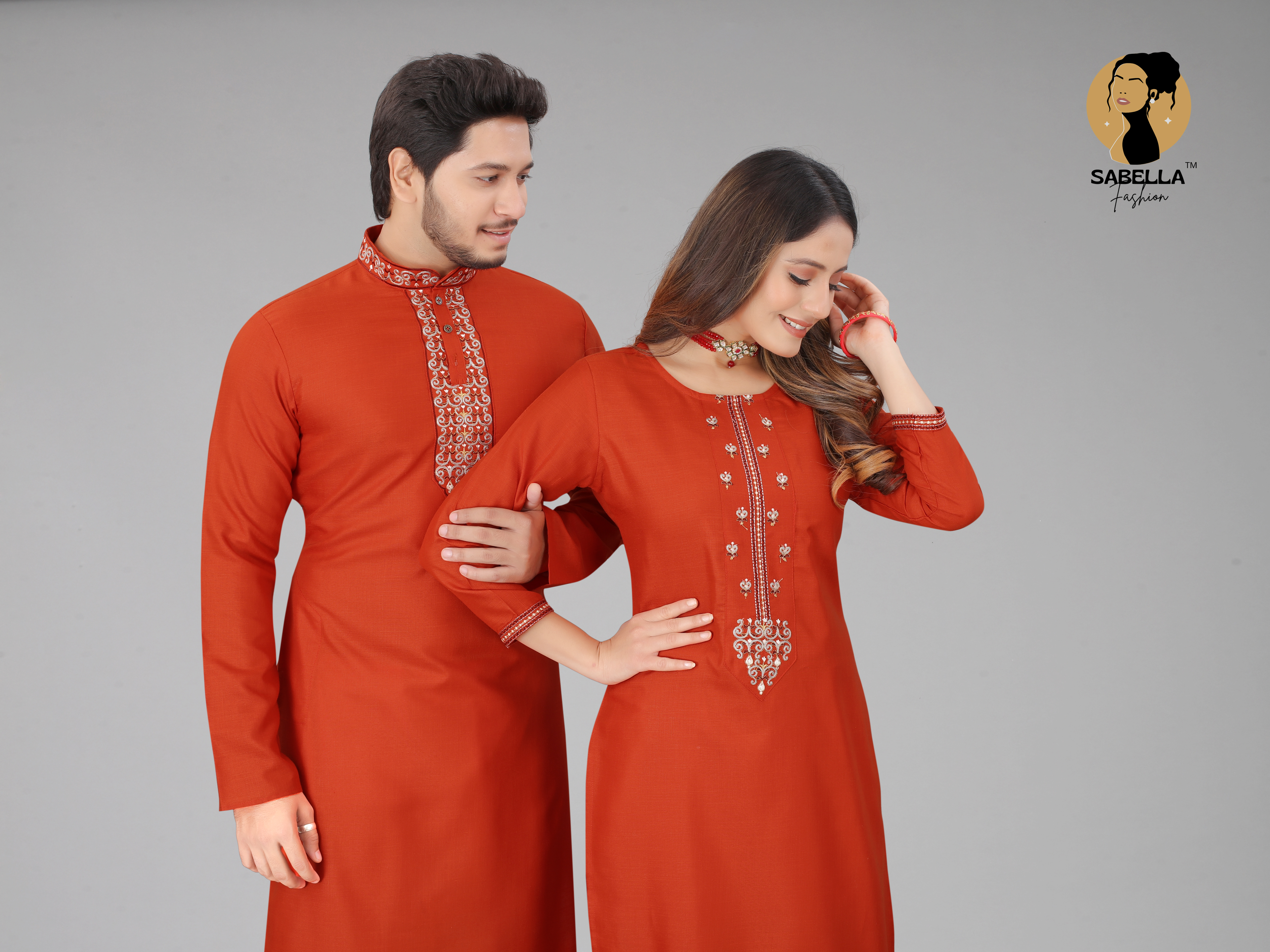 Orange Colour Embroidery Royal Couple Kurta With Kurti Collection