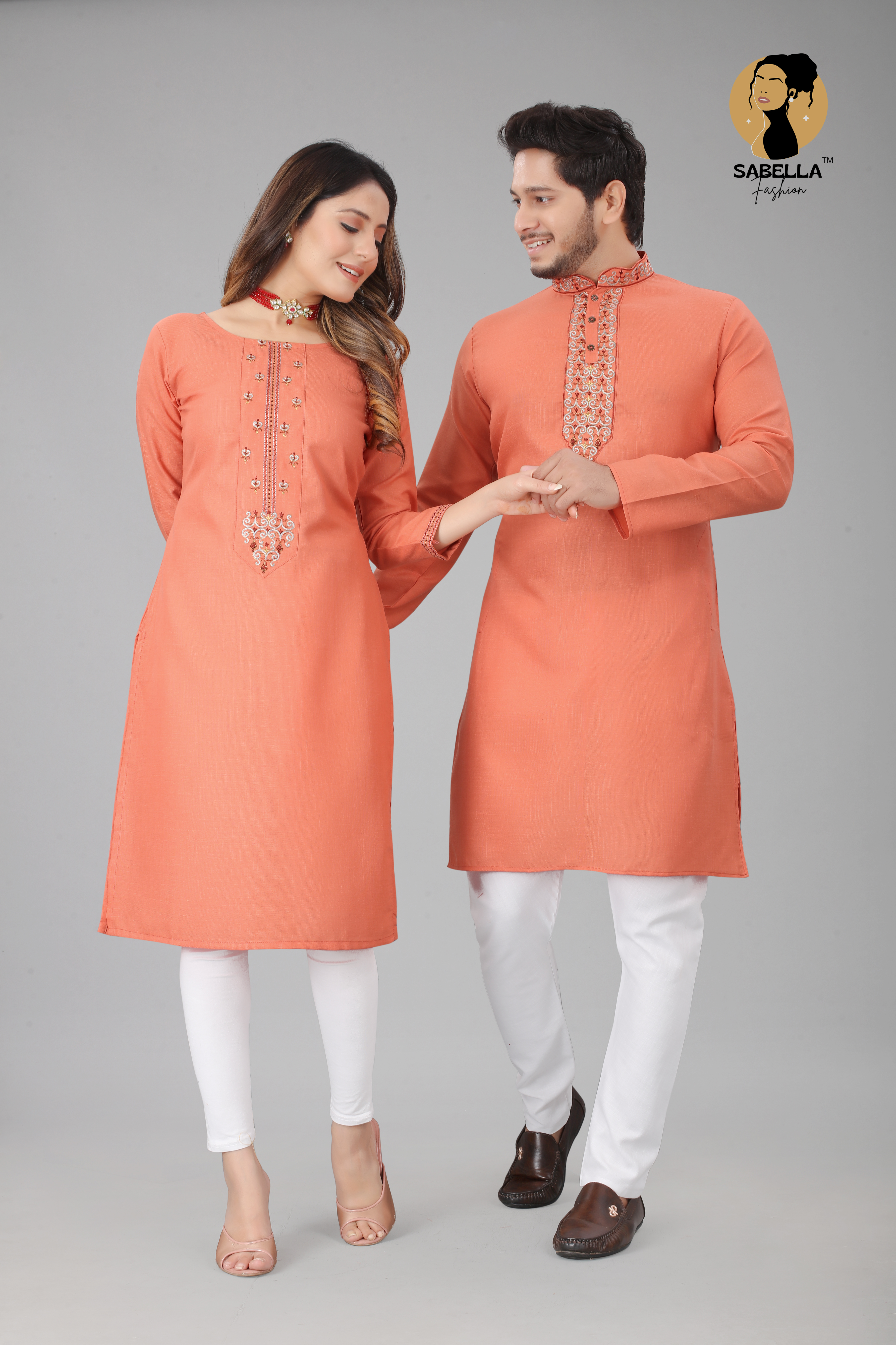 Peach Embroidery Work Kurta With Kurti Couple Combo Set