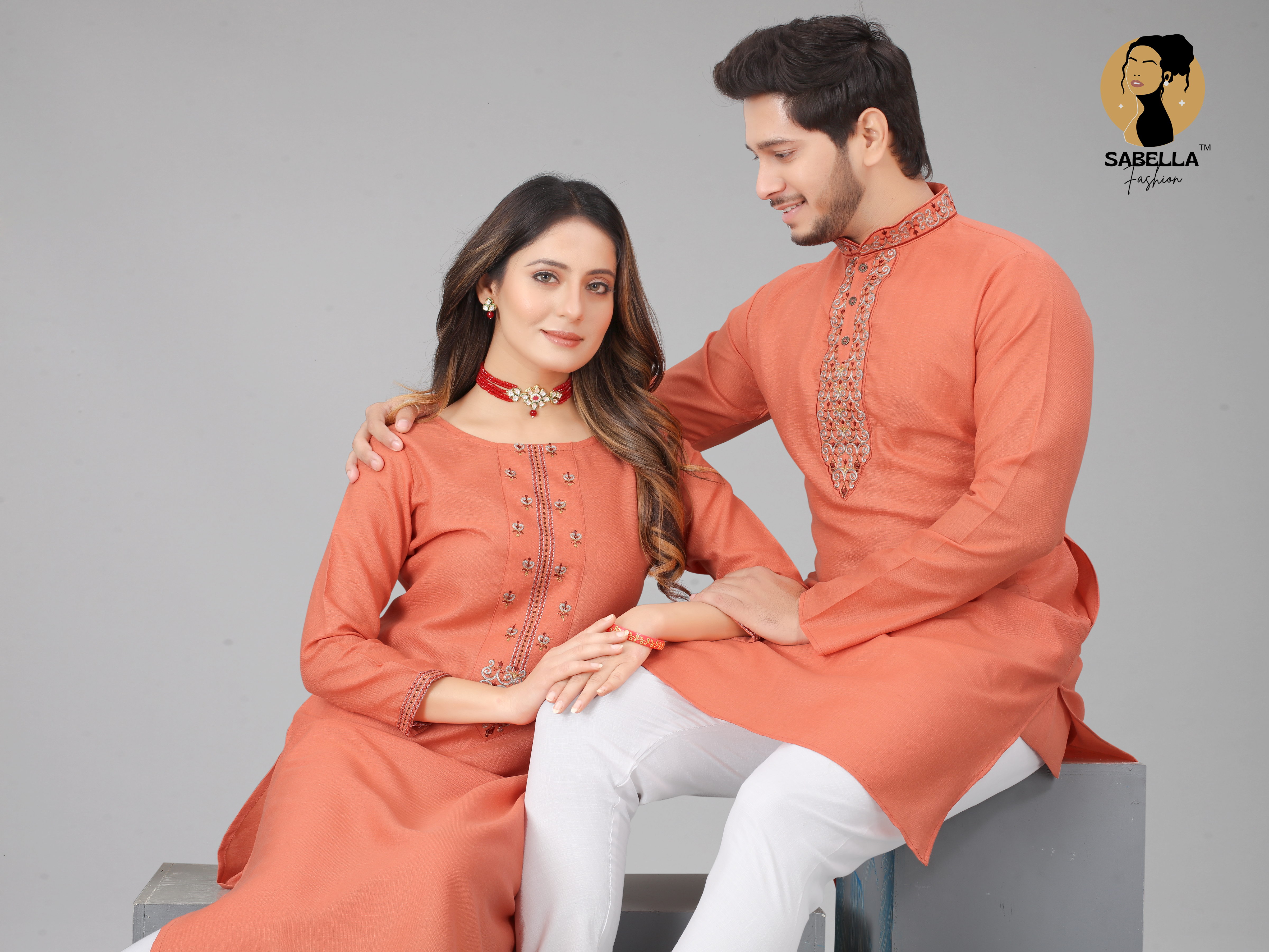 Peach Embroidery Work Kurta With Kurti Couple Combo Set