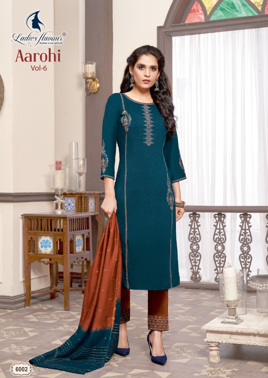 Ladies Flavour Aarohi Vol  6 Designer Embroidery Festive Wear Readymade Kurti Bottom With Dupatta  Catalog