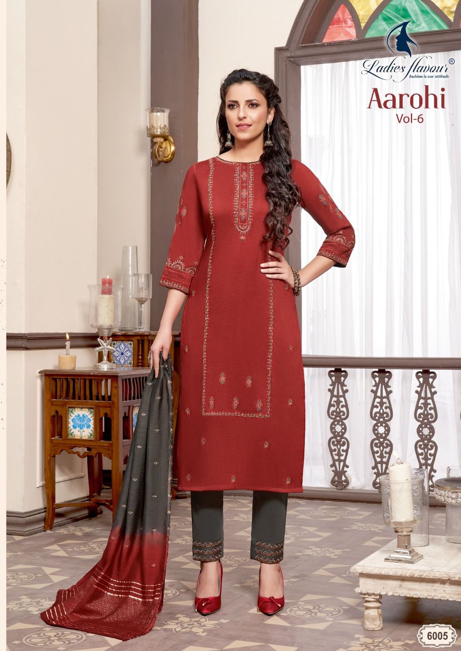 Ladies Flavour Aarohi Vol  6 Designer Embroidery Festive Wear Readymade Kurti Bottom With Dupatta  Catalog