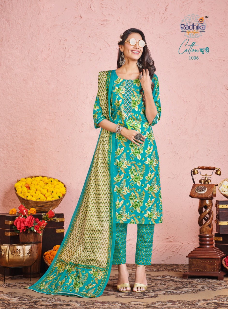 Parrot Green Casual Wear Printed Cotton Dress Material