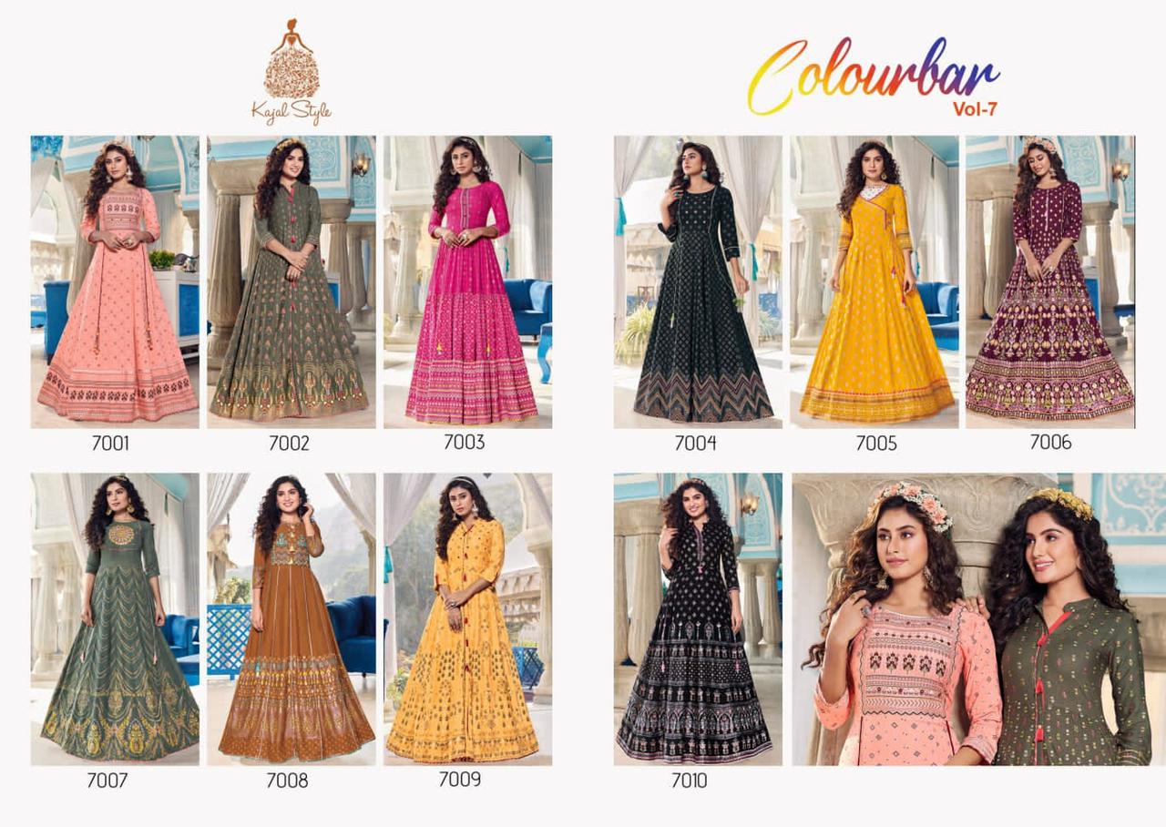 Kajal Style Colorbar Vol 7 Rayon Embroidery  Long  Gown Kurti Catalog