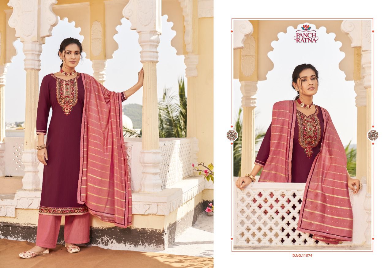 Panch Ratna Panvel Silk Designer Embroidery Salwar Suits Catalog