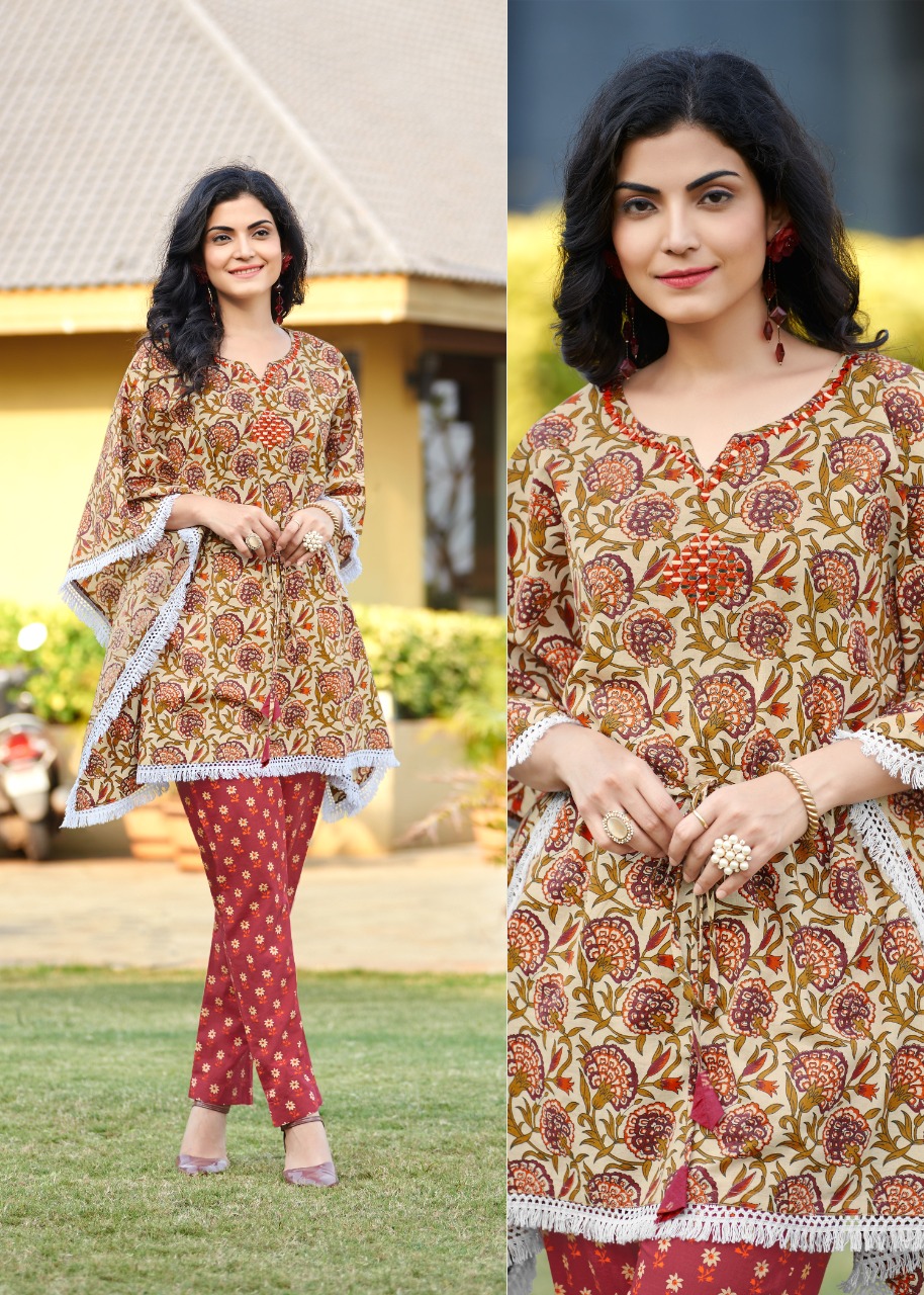 Rangjyot Eliza Heavy Cotton Kaftan Style Kurti With Bottom For Daily Wear Catalog