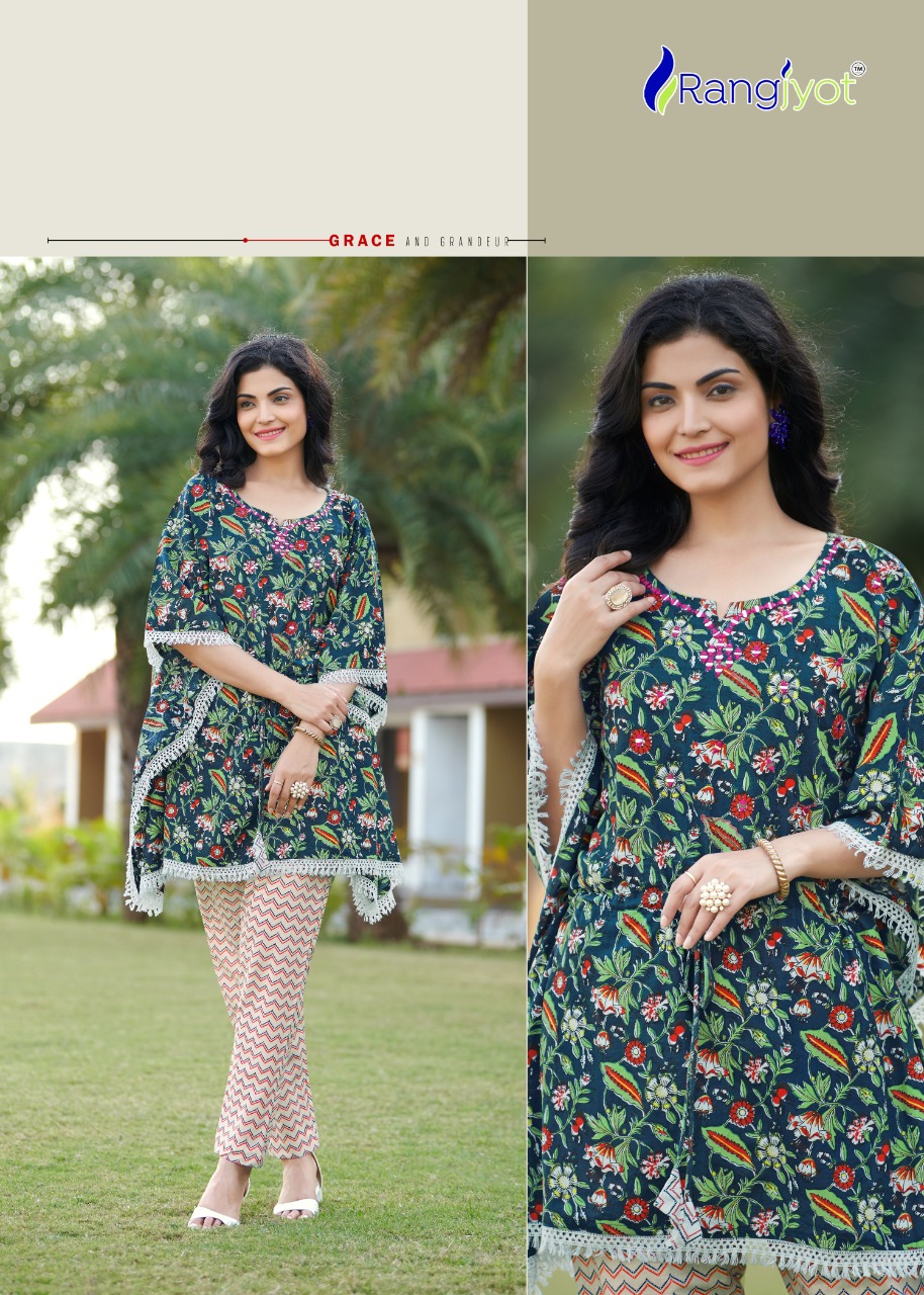 Rangjyot Eliza Heavy Cotton Kaftan Style Kurti With Bottom For Daily Wear Catalog