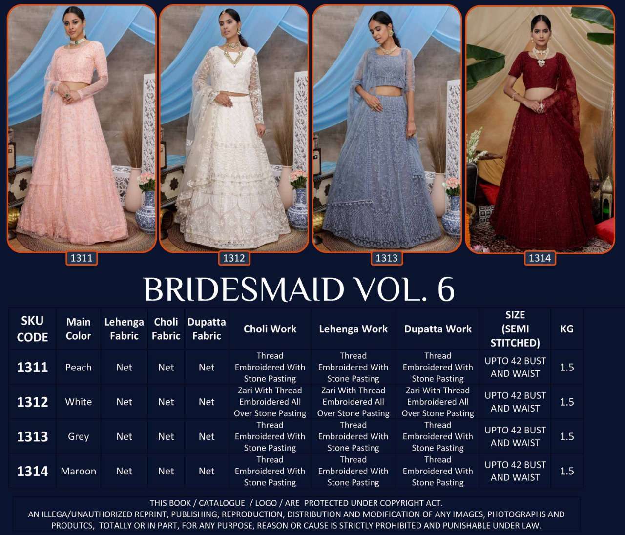 BRIDESMAID VOL. 6  NEW DESIGNER NET FABRIC LEHENGA CHOLI COLLECTION