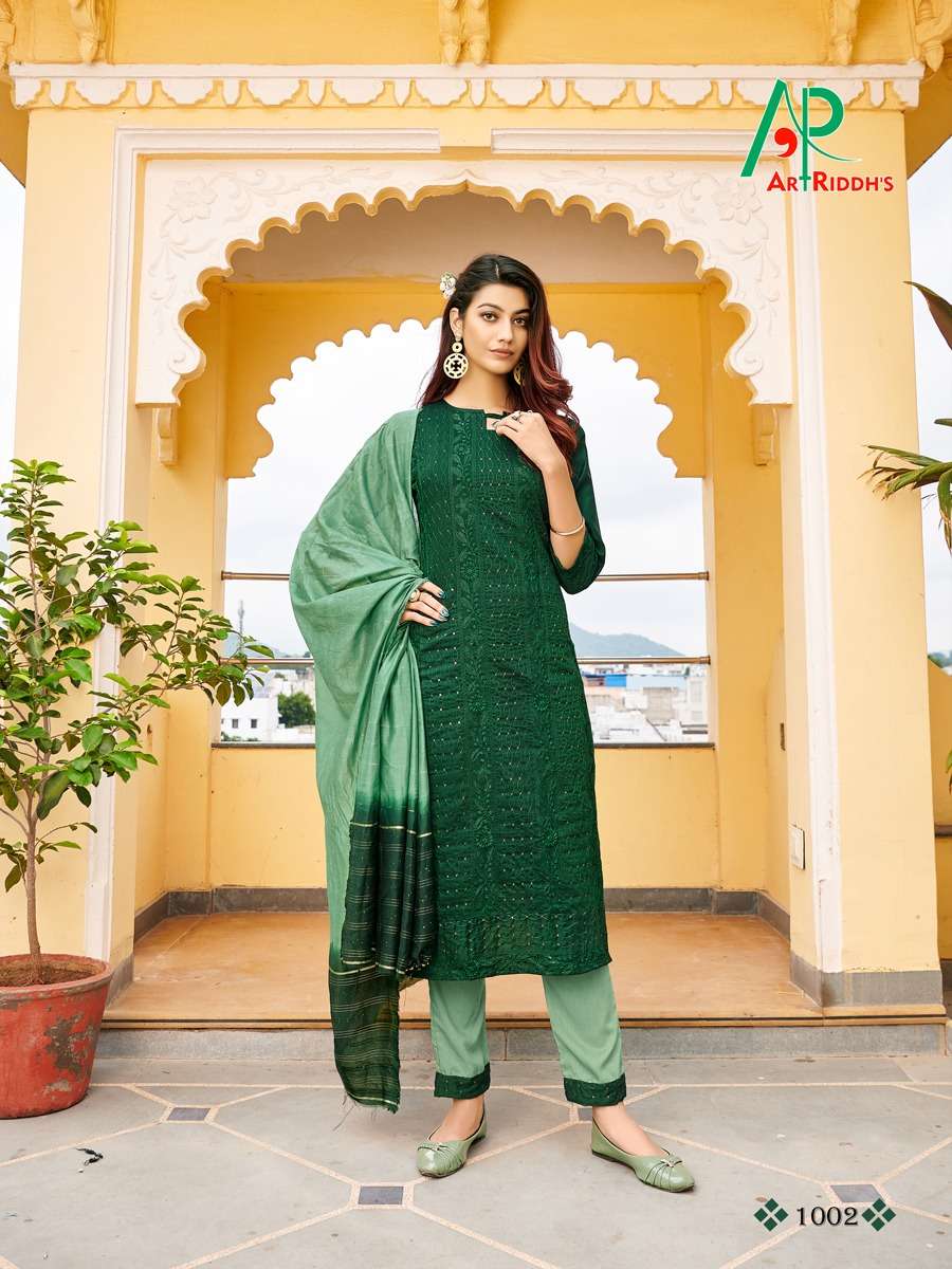 Artriddhs Ferin Catalog Lucknowi Embroidery Work Readymade Top Bottom And Dupatta