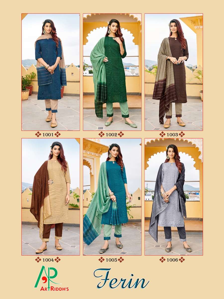 Artriddhs Ferin Catalog Lucknowi Embroidery Work Readymade Top Bottom And Dupatta