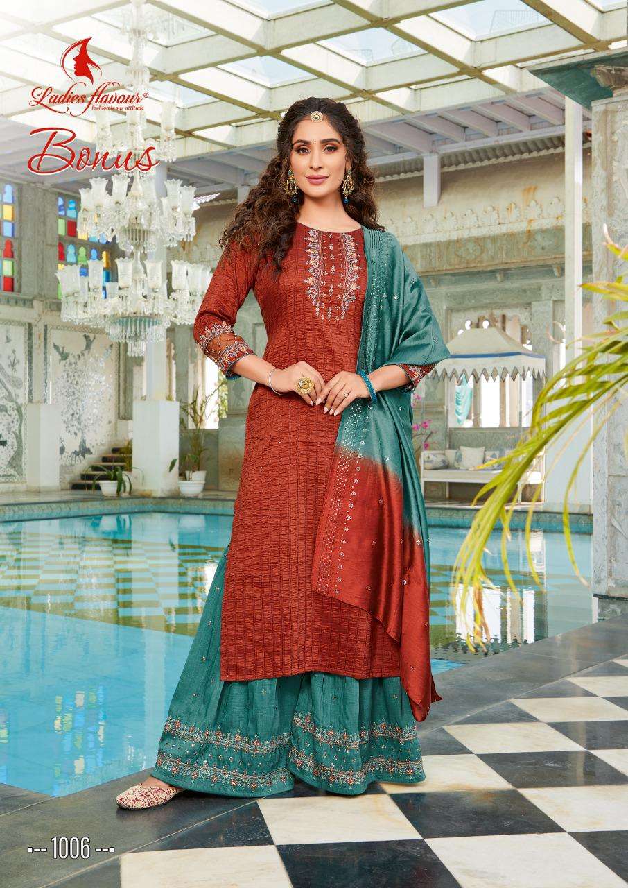 Ladies Flavour Bonus Catalog Party Wear Readymade Top Bottom With Dupatta