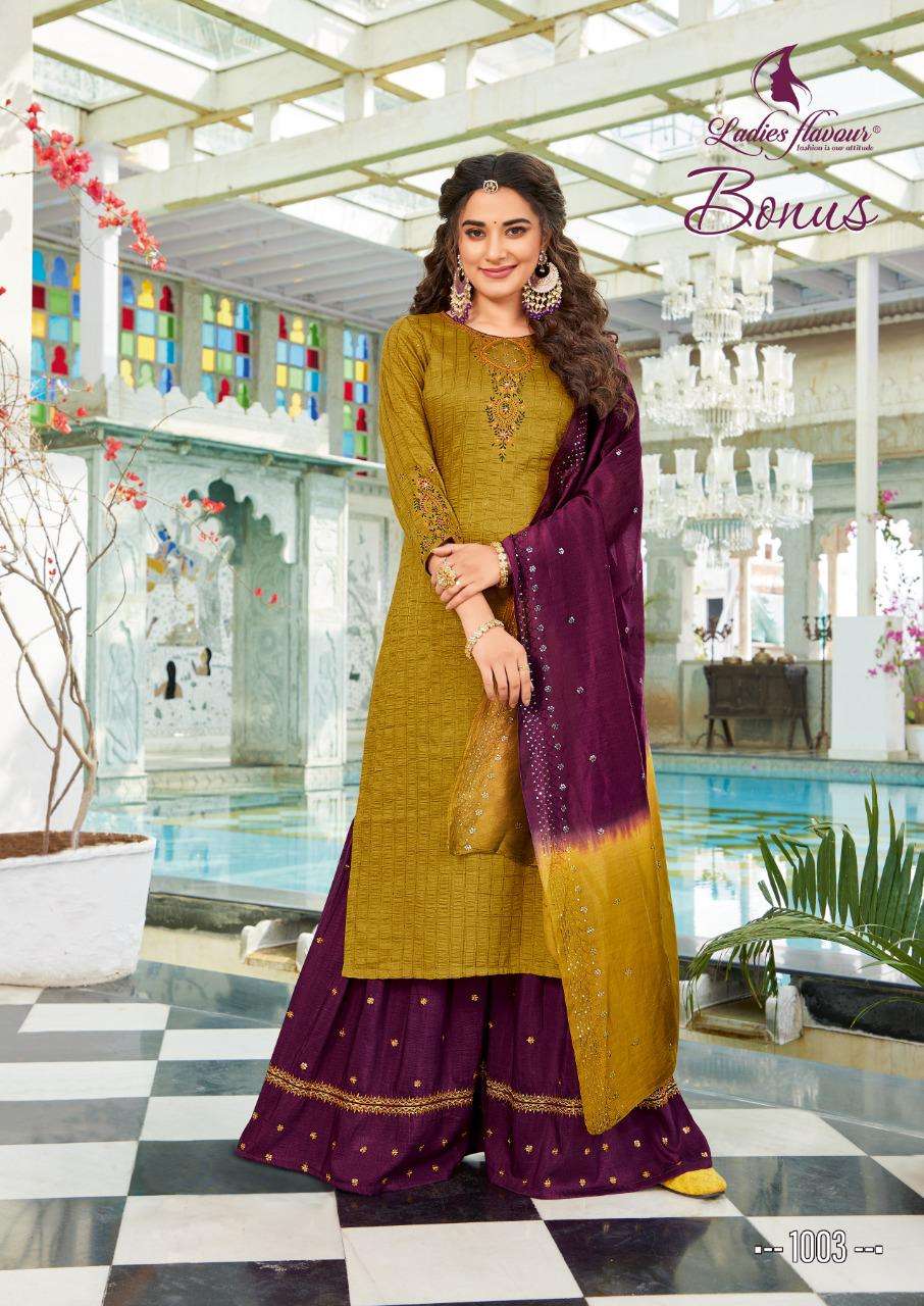 Ladies Flavour Bonus Catalog Party Wear Readymade Top Bottom With Dupatta