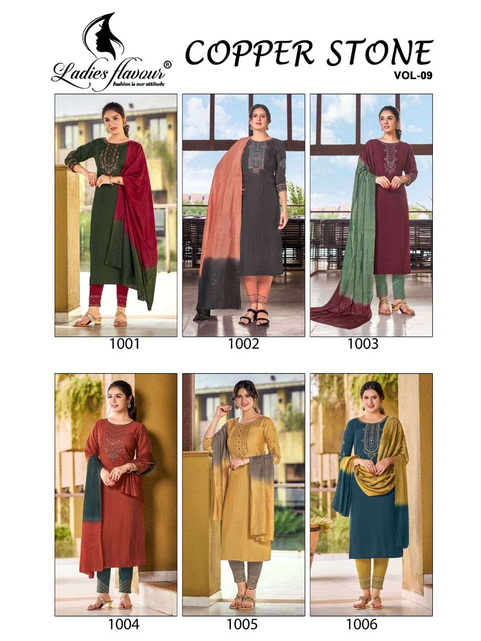 Ladies Flavour Copper Stone Vol 9 Catalog Designer Wear Readymade Top Bottom With Dupatta 