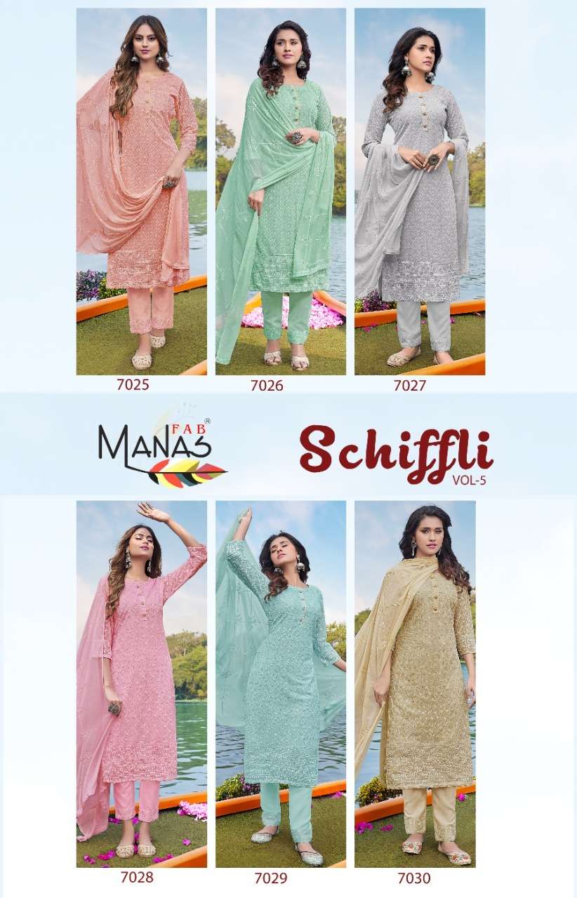 Manas Schiffli Vol 5 Catalog Georgette Readymade Top Bottom With Dupatta