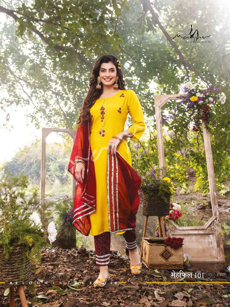 Mayur Mehfil  catalog Latest Designer Ready made Premium Muslin Top Bottom With Dupatta 