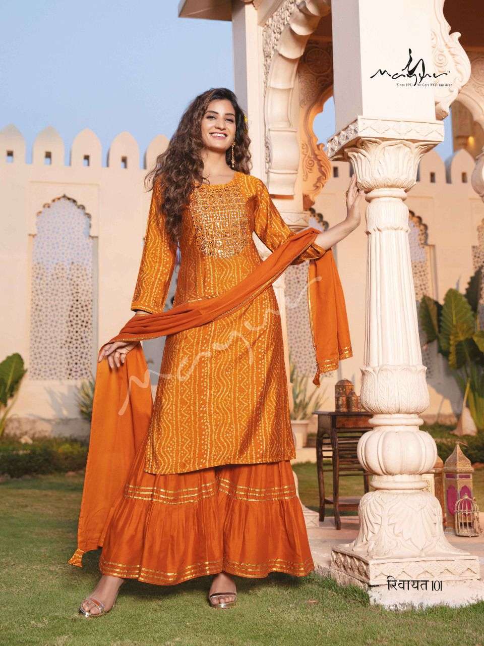 Mayur Rivayat Catalog  Bandhej Readymade Wedding Wear Top Bottom duppta  