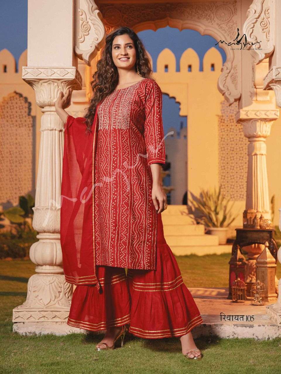 Mayur Rivayat Catalog  Bandhej Readymade Wedding Wear Top Bottom duppta  