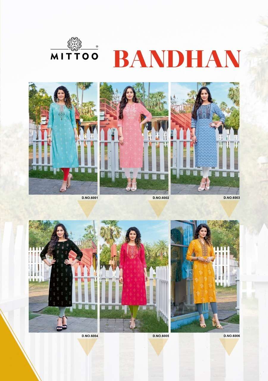 Mittoo Bandhan Catalog Party Wear Rayon Print With Handwork Kurtis 