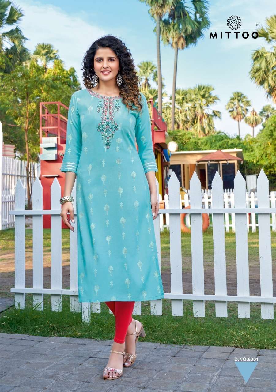 Mittoo Bandhan Catalog Party Wear Rayon Print With Handwork Kurtis 
