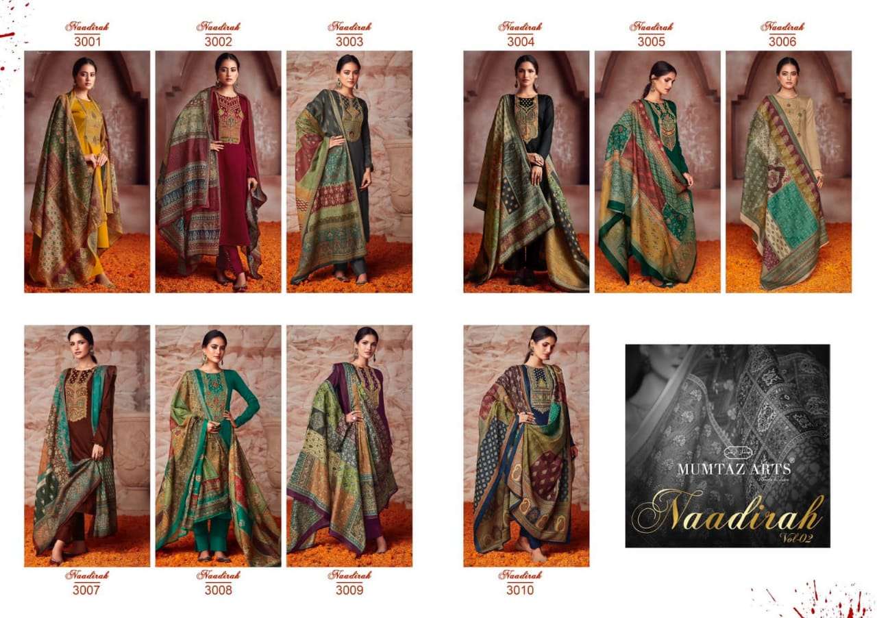 Mumtaz Art Naadirah Vol 2 Catalog Pure Jam Satin Heavy Designer Dress Materials